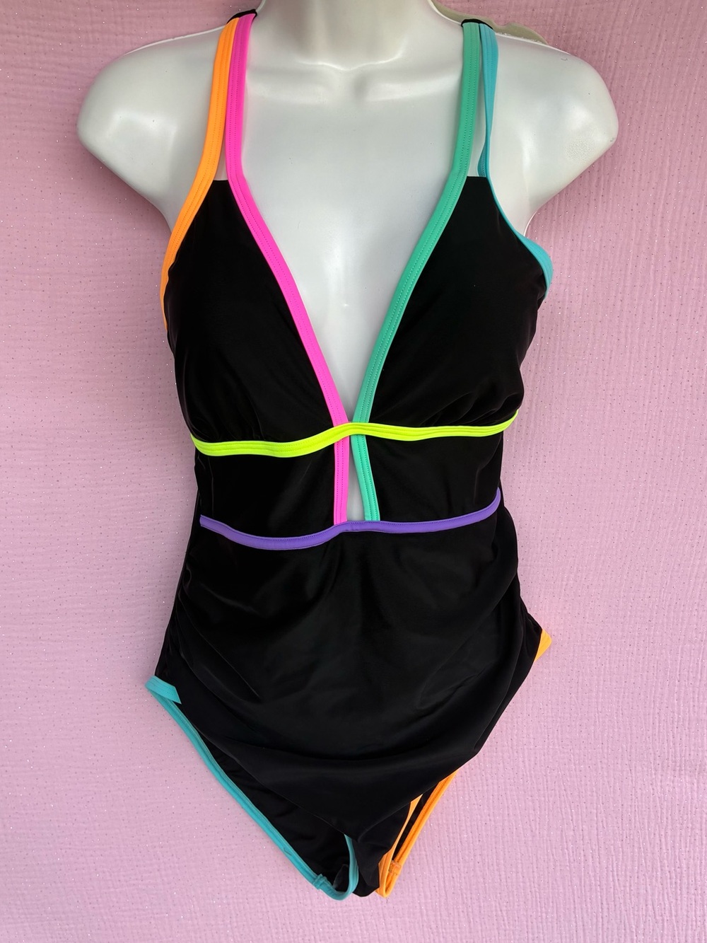 Popvil Black Neon One Piece Swimsuit Size Large